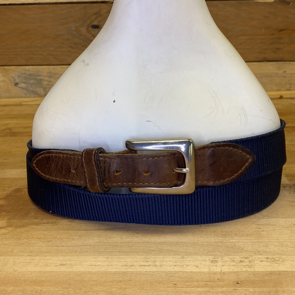 Orvis Navy Blue Webbing Belt with Brown Leather Accents
